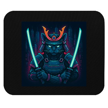 Discover A futuristic samurai cat in neon armor with glo Mouse Pads