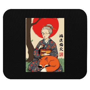 Discover Older japanese mom sippin tea sitting with red fox Mouse Pads