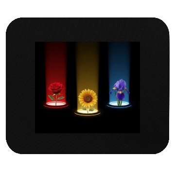 Discover Glowing Floral Trio: Rose, Sunflower & Iris Mouse Pads