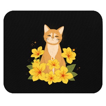 Discover Orange Cat Surrounded by Yellow Hibiscus Flowers Mouse Pads
