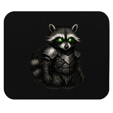 Discover Armored Forest Raccoon – Glowing-Eyed Fantasy Ward Mouse Pads