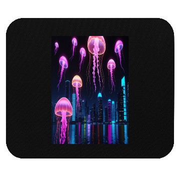Discover Neon Jellyfish Over Cyber City Mouse Pads