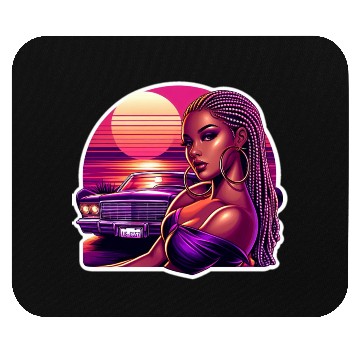 Discover Vivid Retro Sunset Portrait with Classic Car Mouse Pads