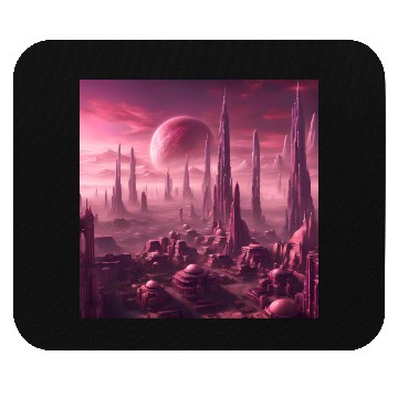 Discover Futuristic Alien Skyline in Pink Hues Mouse Pads