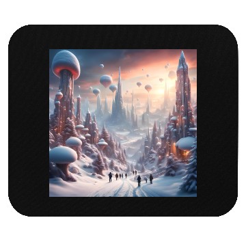Discover Futuristic Snowy Cityscape with Floating Balloons Mouse Pads