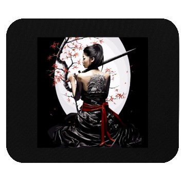 Discover Samurai Serenity: Woman with Sword Under Cherry Mouse Pads