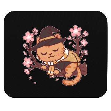 Discover Whimsical Witch Cat in Cherry Blossom Tree Mouse Pads