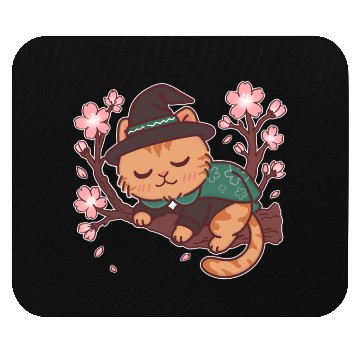 Discover Whimsical Wizard Cat in Blooming Cherry Tree Mouse Pads