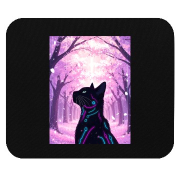 Discover Midnight Cyber Cat | Pink Cherry Blossom Forest Mouse Pads