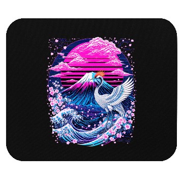 Discover Neon Sakura Crane & Mount Fuji Scene Mouse Pads