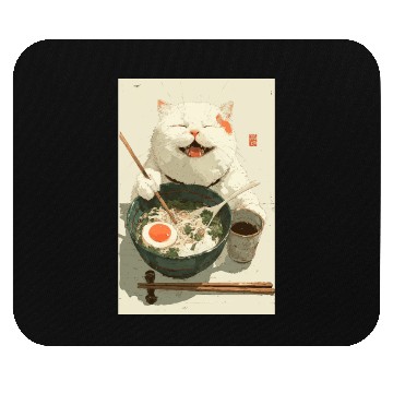 Discover Happy White Cat Eating Ramen Mouse Pads