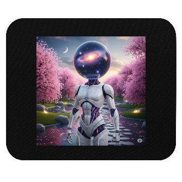 Discover Futuristic Robot in Cherry Blossom Paradise Mouse Pads