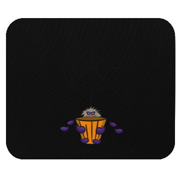 Discover Cartoon Spider hanging from Web holding Bucket Mouse Pads