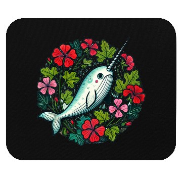 Discover Whimsical Narwhal Amid Floral Bloom Mouse Pads