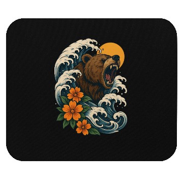 Discover Bear Surfer Wave with Hibiscus Flowers Mouse Pads