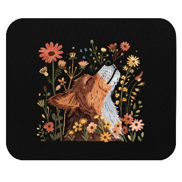 Discover Serene Howling Wolf Amid Floral Bloom Mouse Pads