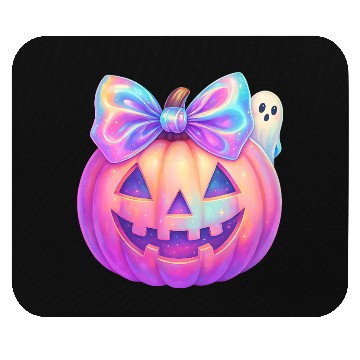 Discover Glowing Halloween Pumpkin with Iridescent Bow Mouse Pads