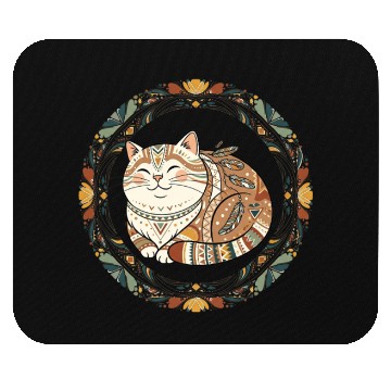 Discover Boho Cat – Smiling Feather Floral Circle Mouse Pads