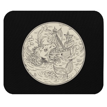 Discover Ancient Sea Monster Attacking Sailing Ship Circle Mouse Pads