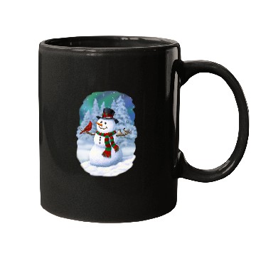 Discover Christmas Snowman Cardinal Bird Chickadees Winter Snow Scene Mugs