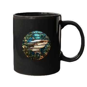 Discover Fishing Fun Retro circle stained glass great white shark ocean fishing Mugs