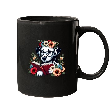 Discover Book Fun Funny Dalmatian Dog with flowers and read a book Mugs