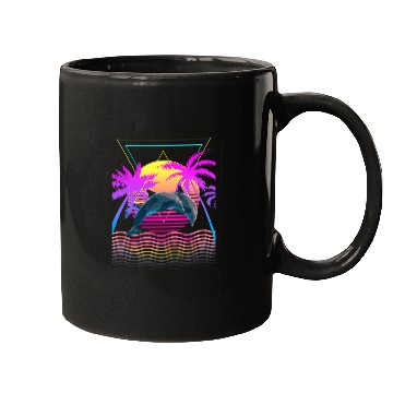 Discover Dolphin Pet Retro 1980s 1990s Dolphins Palm Trees Sunset Beach Art Mugs