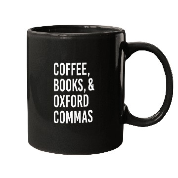 Discover Coffee Fun books and oxford comma Mugs