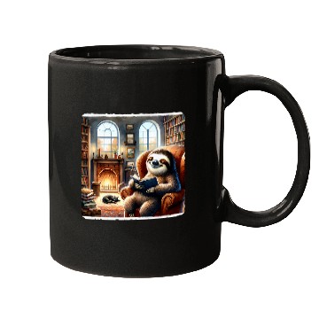 Discover Sloth Pet Reading In A Cozy Library With A Cat Fireplace Books Mugs