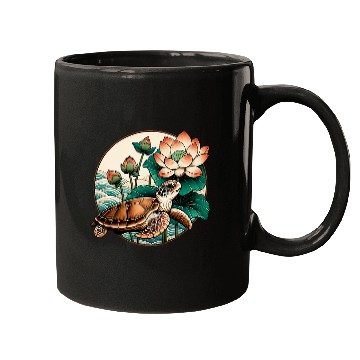 Discover Turtle Pet Baby Sea Turtle with Lily pad and lilies Lotus flowers Mugs