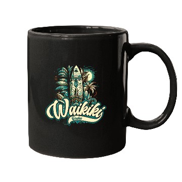 Discover Waikiki Beach Polynesian Hawaii Surf Design Mugs