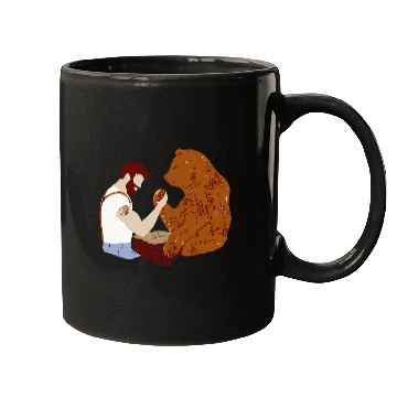 Discover Guy arm wrestling with bear Mugs