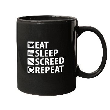 Discover Eat Sleep Screed Repeat (white text) Mugs