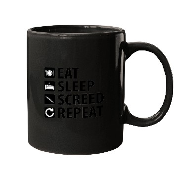 Discover Eat Sleep Screed Repeat (black text) Mugs