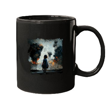 Discover Kid in war looking at explosion AI painting Mugs