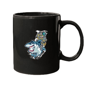 Discover Cat Samurai Riding On Shark Mugs