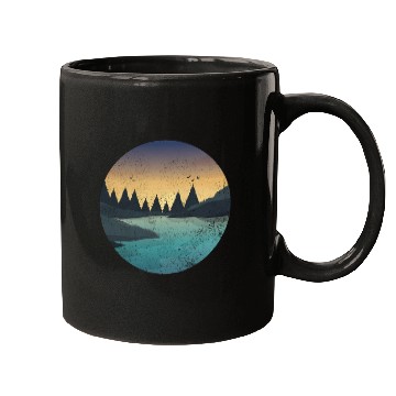 Discover Retro River With Forest And Birds In The Sunset Mugs