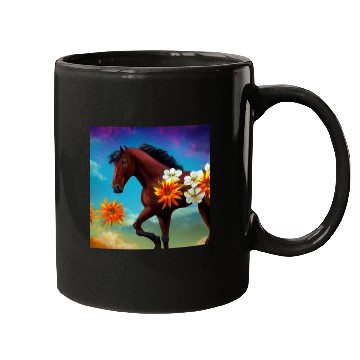 Discover Brown horse with orange white flowers drawing Mugs