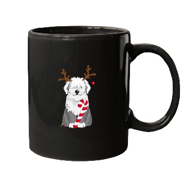 Discover Bobtail dog with candy cane and reindeer antlers Mugs