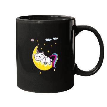 Discover Unicorn pony cat on the moon, magic sleeping time Mugs