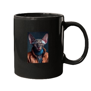 Discover Devon Rex Cat Breed Portrait wears a leather jacke Mugs