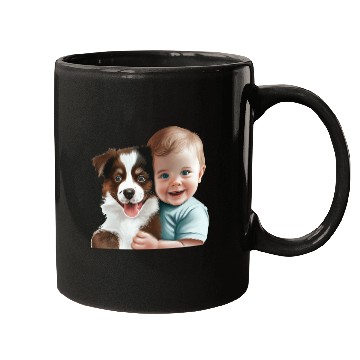 Discover Sweet baby smiling with lovely puppy Mugs