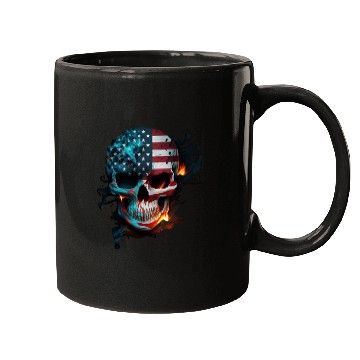 Discover Skull with flames, American flag (USA). Mugs