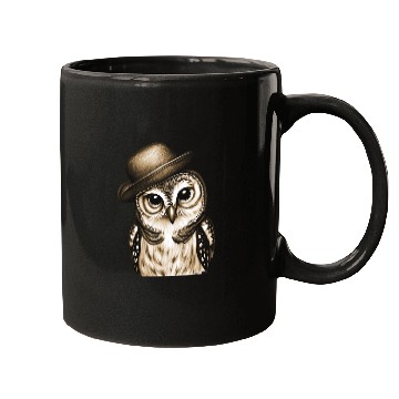 Discover owl wearing derby hat - brown color Mugs