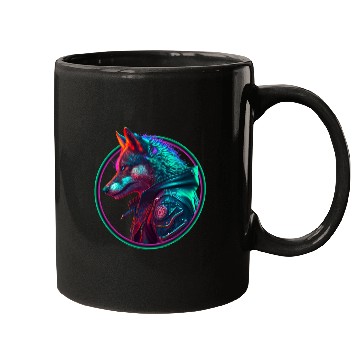 Discover Neon punk wolf in leather jacket Mugs
