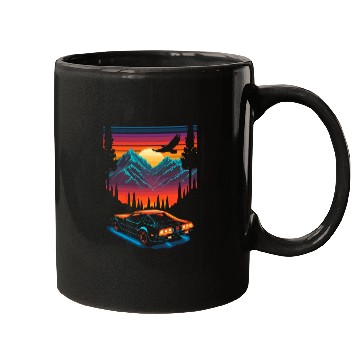 Discover 1980s Muscle Car and Retro Neon Mountain Sunset Mugs