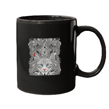 Discover Psychedelic cat with bird Mugs