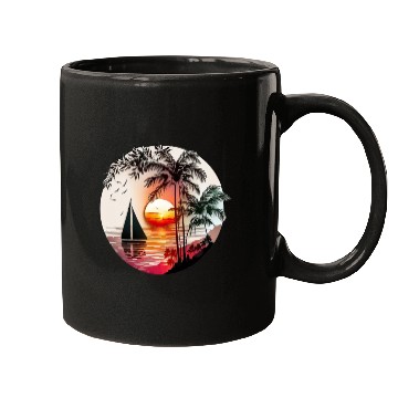 Discover Beach Sunset Sailboat Palm Trees Ocean Vacation 4 Mugs
