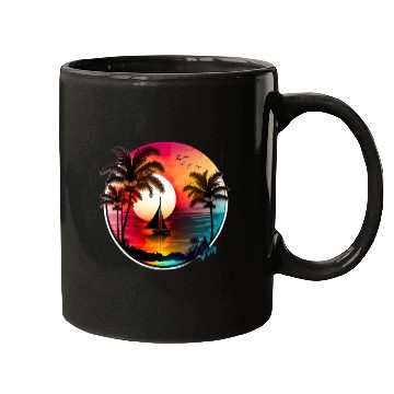 Discover Beach Sunset Sailboat Palm Trees Ocean Vacation 1 Mugs
