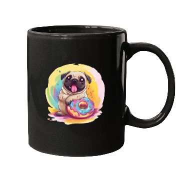 Discover Happy Pug with a Donut Mugs